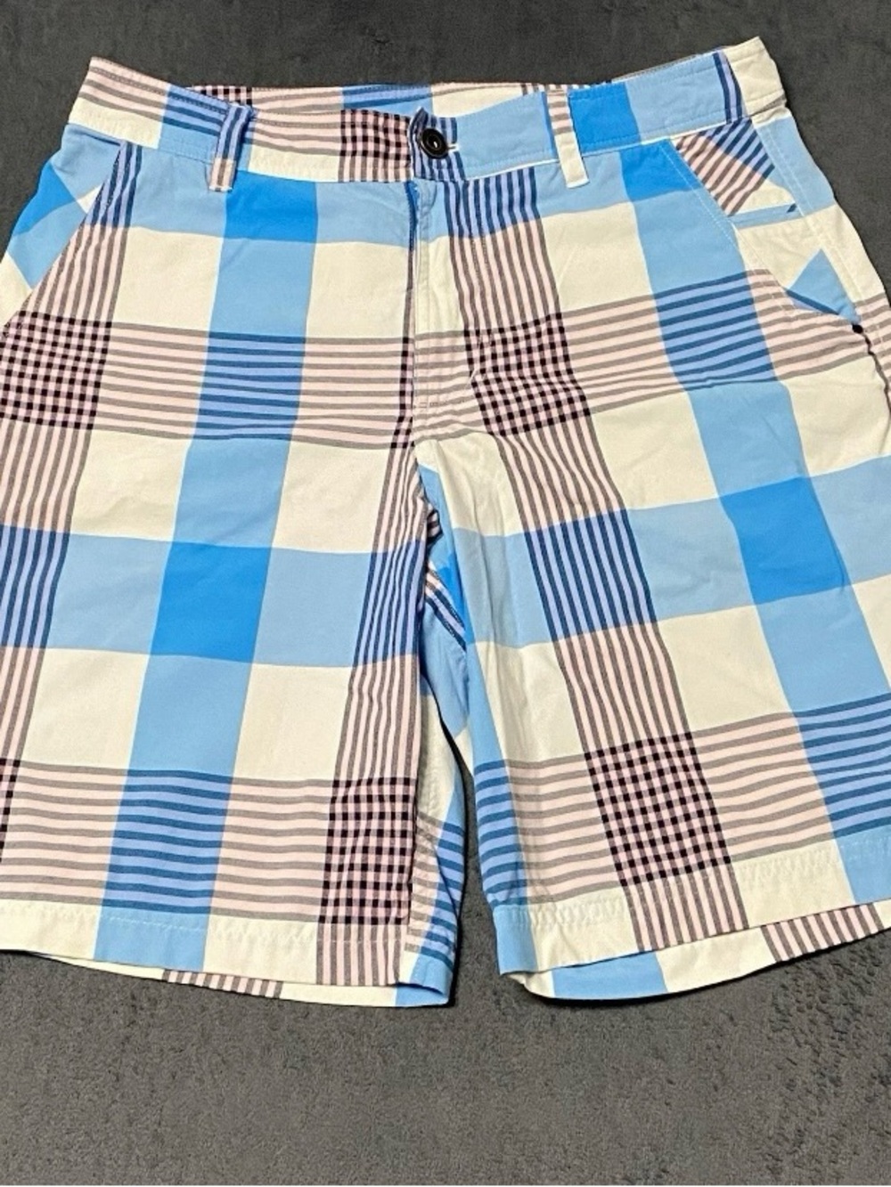 Lululemon Kahuna Shorts Mens 34 Blue Pink White Plaid Flat Front Golf Beach